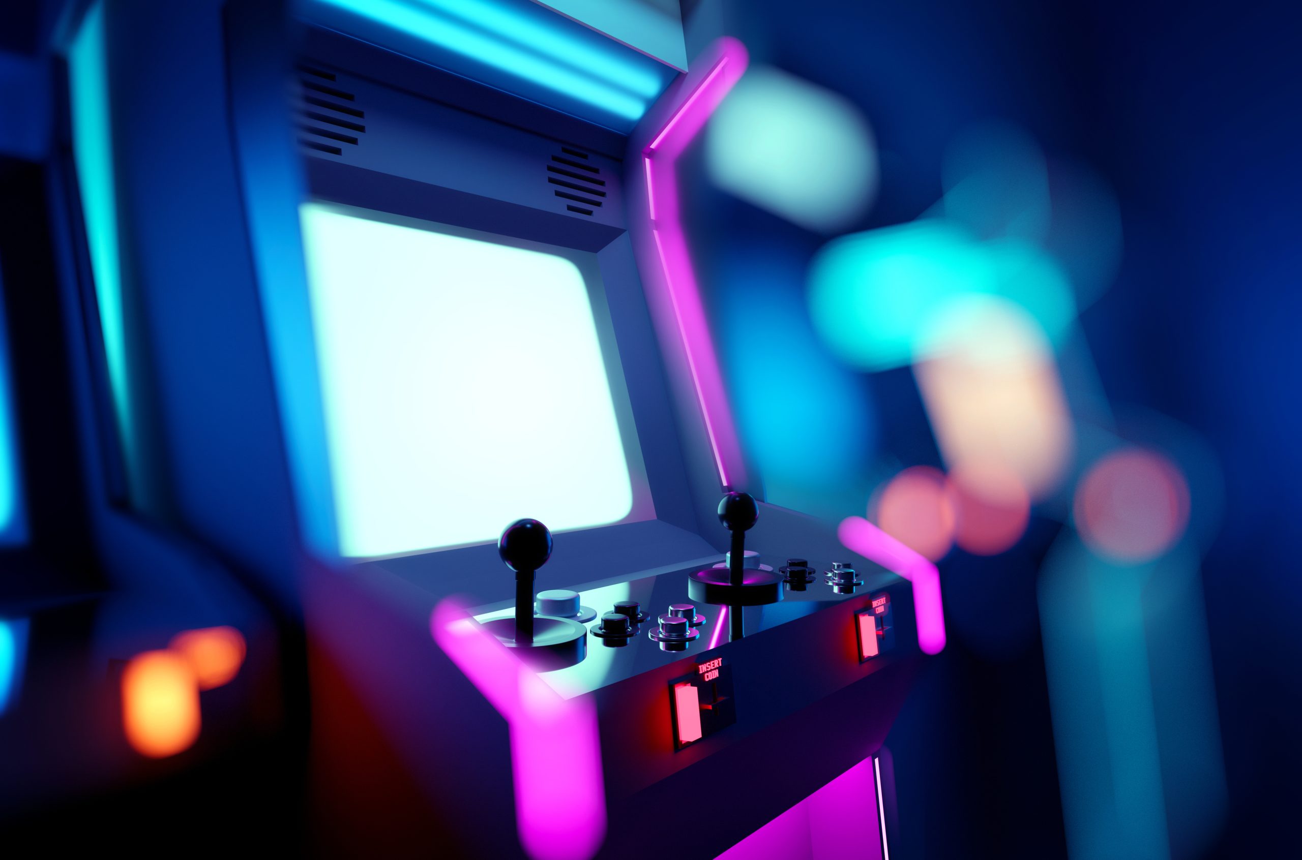 Neon Retro Arcade Machines In A Games Room Raconte-moi une histoire